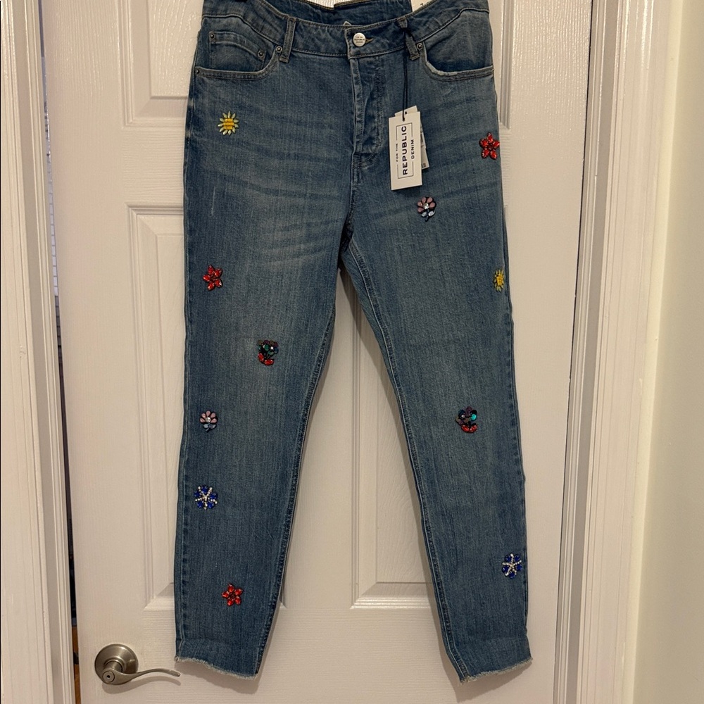 For The Republic Blue Jeans with Colorful Embroidery